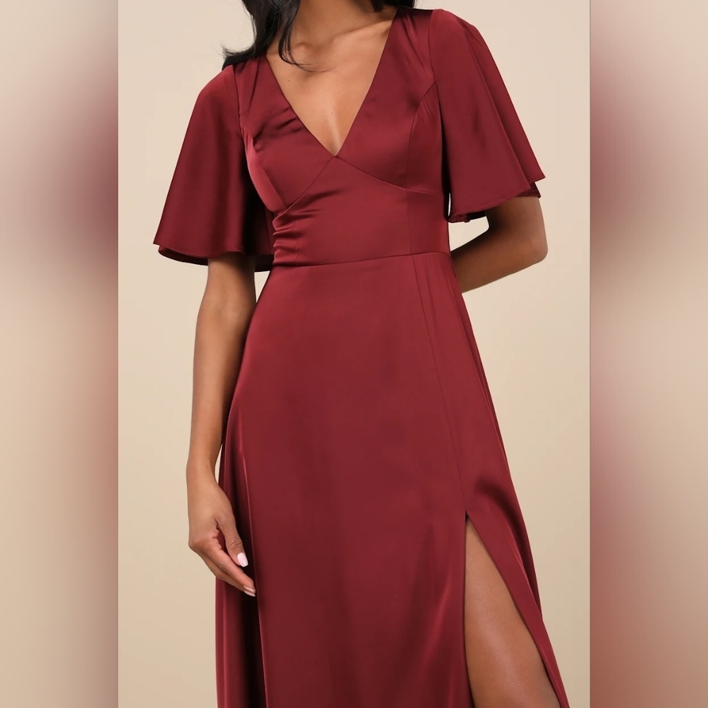 Lulus Elegant Confidence Red Satin Flutter Sleeve… - image 3